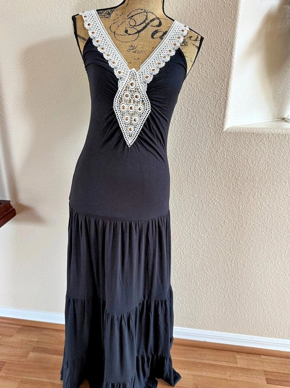 Venus Lace Trim Maxi Dress in Black & White Size XS New